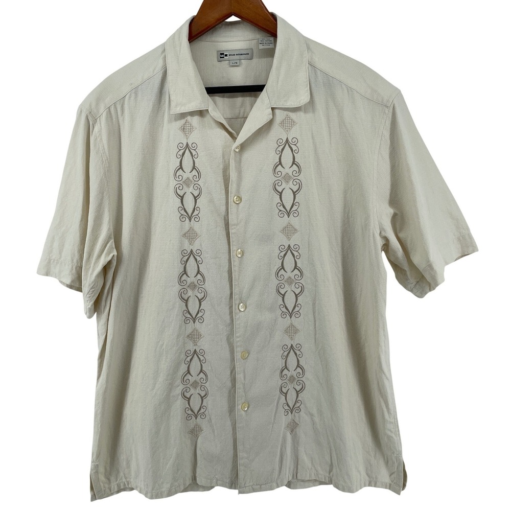 Tropical Shirt Mens Large Cream Silk Cotton Embroidered Camp Cabana Guayabera